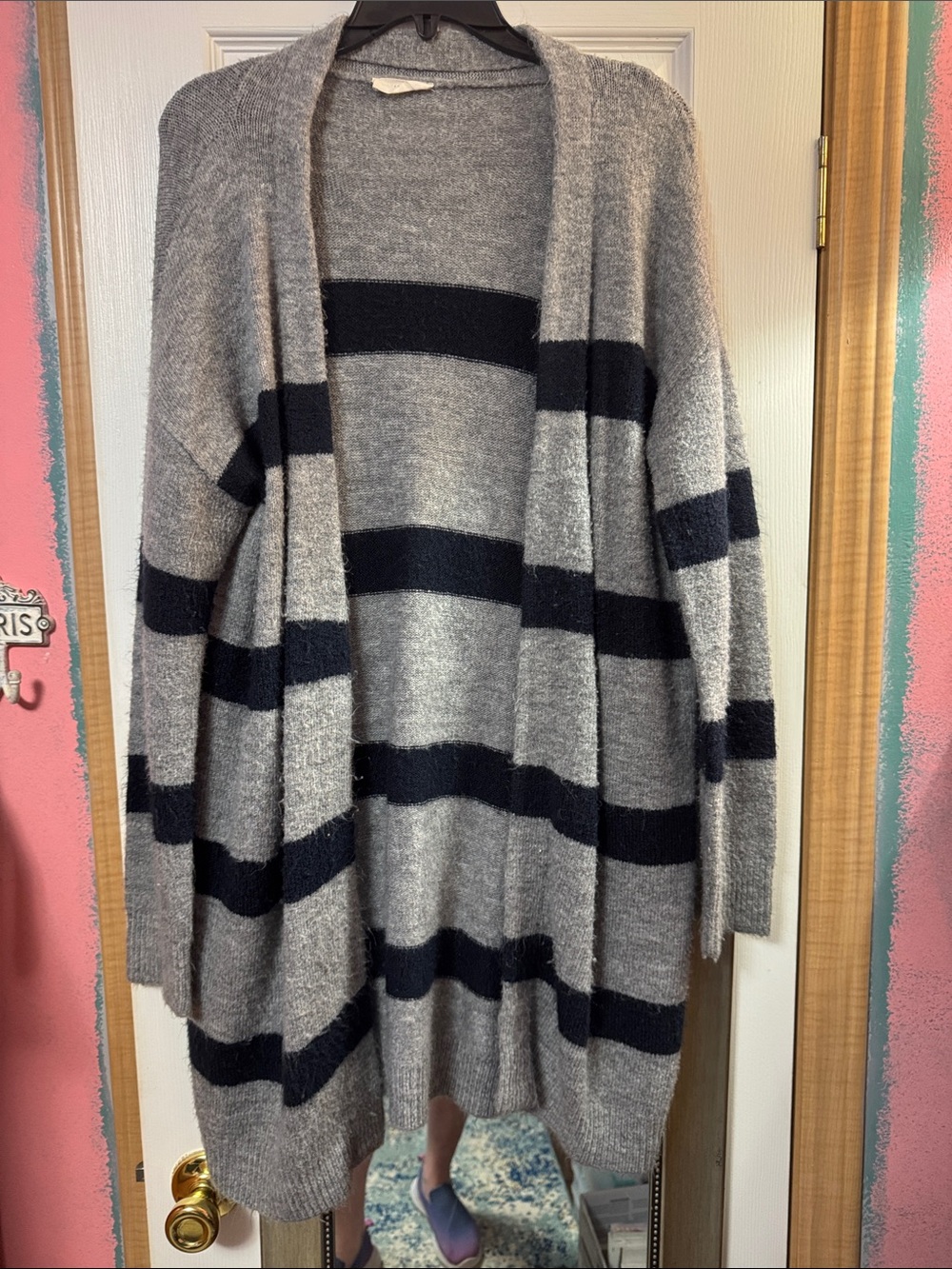 Cozy Open-Front Gray & Black Striped Women's Sweater Cardigan